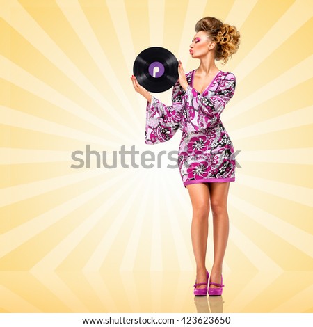Hippie homemaker kissing a retro vinyl record on cartoon style background.