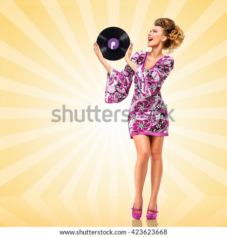 Clubbing hippie homemaker holding a retro vinyl record on cartoon style background.