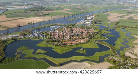 Aerial view of the fortified city of Heusden, Netherlands. In 1968, extensive restoration works started, and fortifications were carefully rebuilt, based on and inspired by a 1649 map of the city.