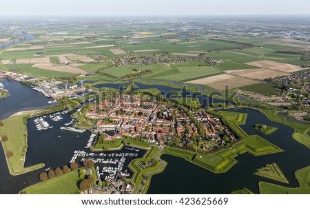 Aerial view of the fortified city of Heusden, Holland. In 1968, extensive restoration works started, and fortifications were carefully rebuilt, based on and inspired by a 1649 map of the city.