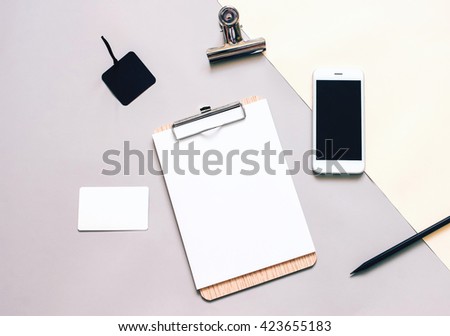 Mock up identity branding business : stationery, blank clipboard and smartphone in minimal style with copyspace for background