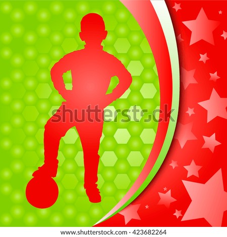 Football banner. Silhouette of boy with ball. Silver hexagons background and stars. Vector Illustration
