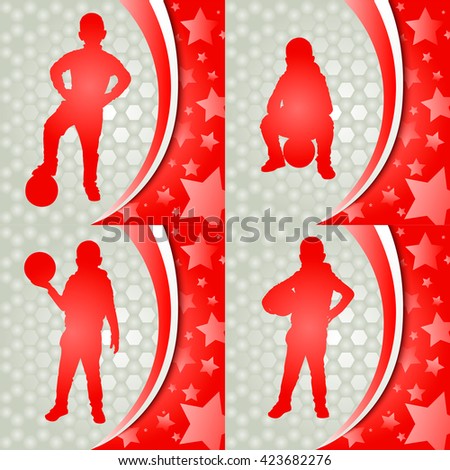 Football banner. Silhouette of boys with ball in different position. Vector Illustration