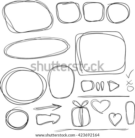 Vector set of doodle icons, frames, borders and button.
Hand drawn design elements.