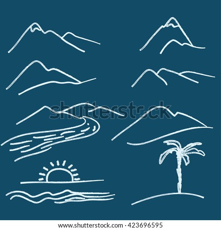 Set of vector doodles silhouette of mountain, hills and landscape.
Hand drawn design elements.