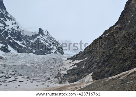 View on the Chalaadi glacier in the mountains of the Caucasus in surroundings of the Mestia town. Georgia