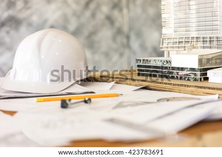 architect tools on blueprint architectural concept, soft focus Royalty-Free Stock Photo #423783691