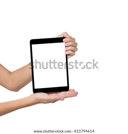 Hand of female shows blank screen of tablet computer pc, isolated on white.