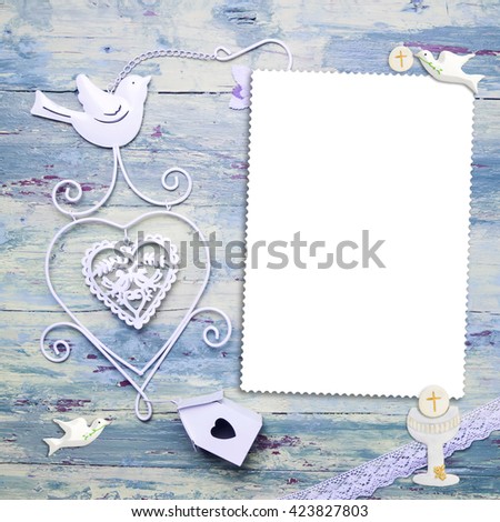 First Holy Communion vertical photo frame card for boy, christian symbols Royalty-Free Stock Photo #423827803