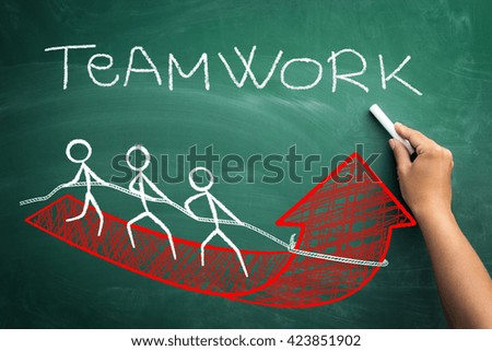 
With team work to successful business concept with team of workers on red arrow to success