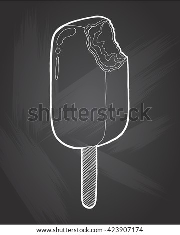Chocolate ice Cream bitten isolated on chalkboard background. Hand drawing doodle vector