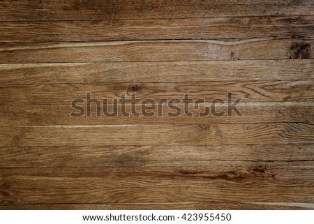 Old wood plank texture, old worn countertop, massive wooden surface, brown stain lacquered tabletop Royalty-Free Stock Photo #423955450