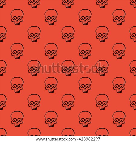 Seamless pattern with hand drawn skulls on a red background. Vector Illustration