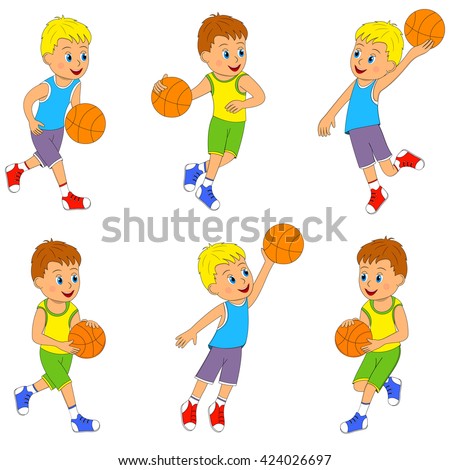  boy playing basketball set, illustration, vector