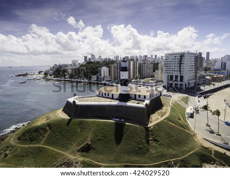 Aerial view of Barra Lighthouse and Salvador cityscape, Bahia, Brazil