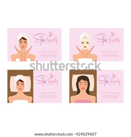 Set of spa business cards with women in towels, butterflies icon and text