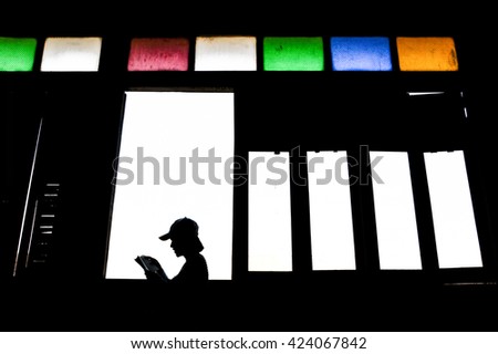 silhouette of windows with mosaic mirror in abstract meaning with a mystery girl