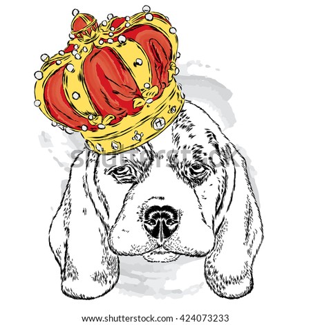 Cute dog wearing a crown. Vector illustration.
