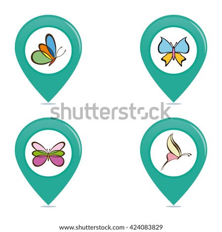Set of pins with butterfly icons on a white background