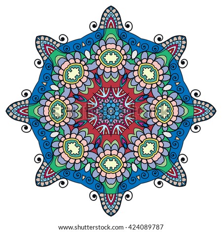 Mandala flower decoration, oriental pattern, isolated design element. Zentangle style decor for coloring book page. Tribal ethnic floral mandala round ornament, doodle art. Vector geometric background