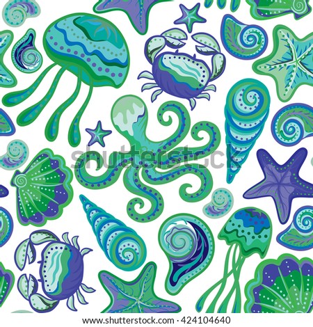 Colorful under water world wallpaper with crab, octopus, jellyfish, star fish and others