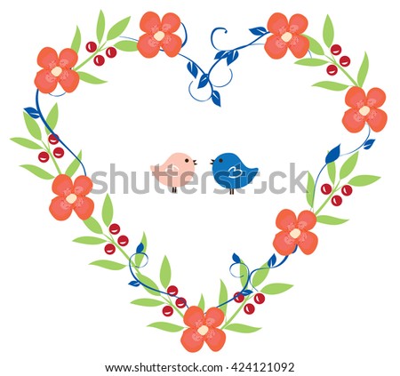 vector illustration of floral heart wreath with birds