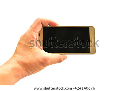 Smart phone on hand prepared to take a photograph with isolated white background (Studio light)