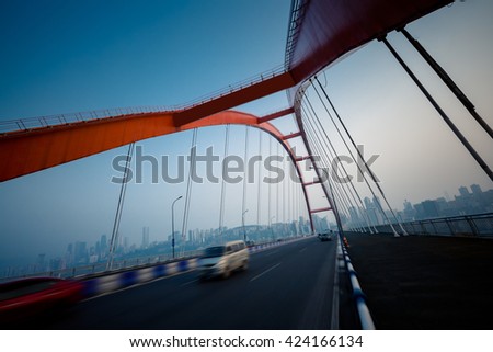 motion blurred traffic on bridge,chongqing china.