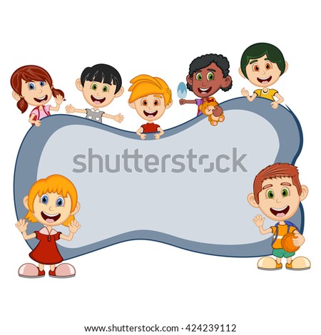 Children peeping behind placard cartoon image illustration