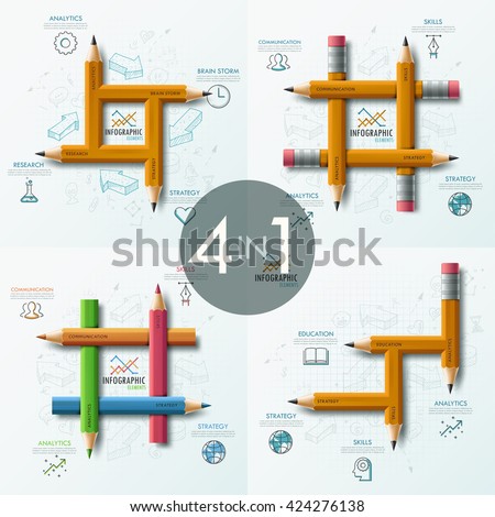 Set of 4 modern infographics options banner with abstract curved pencils and icons. Vector. Can be used for web design and  workflow layout