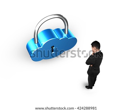 Cloud shape lock with man standing, isolated on white background.