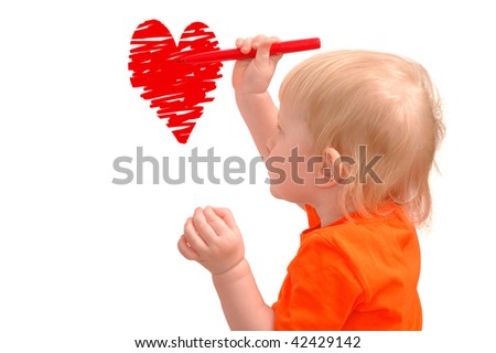 The little child draws red pencil a heart
