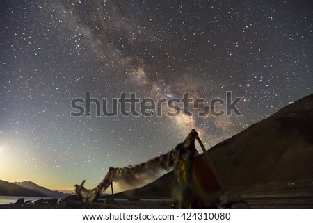The Milky Way rises over pangong lake leh ladakh in Leh India ,Long exposure photograph.