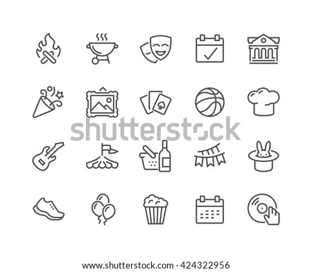 Simple Set of Event Related Vector Line Icons. 
Contains such Icons as Bonfire, Guitar, Popcorn, Party, Festival and more. 
Editable Stroke. 48x48 Pixel Perfect.  Royalty-Free Stock Photo #424322956