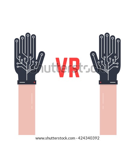two hands thin with vr gloves. concept of fiction ar, vr layout, data ui, smart palm, geek arm equipment, input device. flat style trend modern graphic design vector illustration on white background