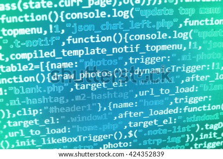Website development. Software background. Programmer workplace. Software development.  Website codes on computer monitor. Abstract screen of software. Programming code on computer screen. 
