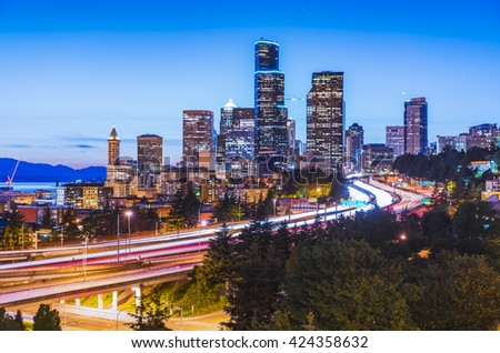 seattle city scape with traffic light from highway at night time,Washington,usa.