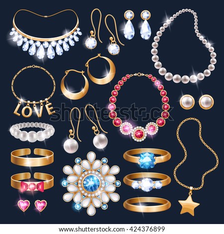 Realistic jewelry accessories icons set. Necklace bracelet gold chain diamond pearl earrings pendant rings vector illustration. Royalty-Free Stock Photo #424376899