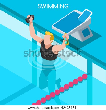 Winning Sportsman Swimmer Swimming Icon Set. 3D Flat Isometric Freestyle Breaststroke Backstroke Butterfly Relay winner Sport Swimming Pool Competition Race. Sport Infographic events Vector People
