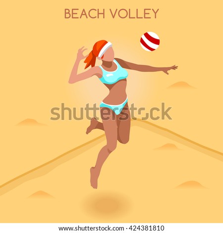 Beach Volleyball Player Sportswoman Games Icon Set. 3D Flat Isometric Beach Volley. Sporting Championship People Beach Volleyball Match Competition. Sport Infographic events Vector People Image