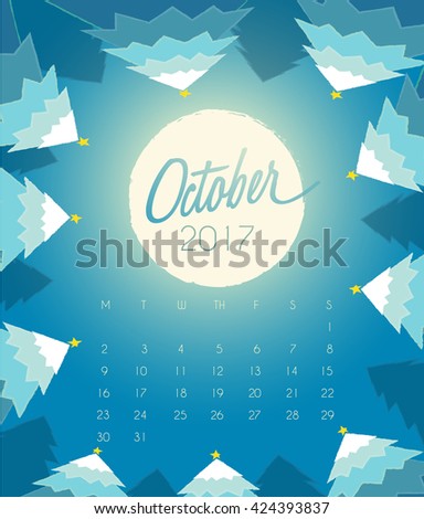 October : Christmas Moonlight Background For 2017 Calendar : Vector Illustration