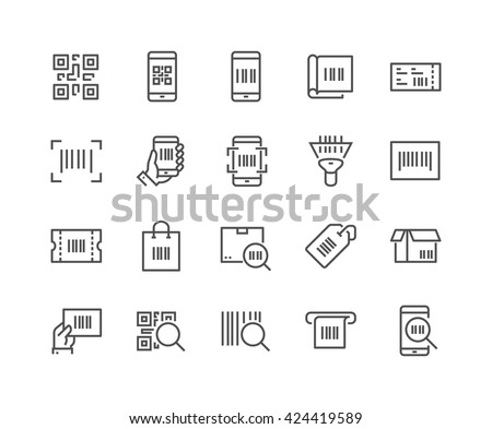 Simple Set of QR Code Related Vector Line Icons. 
Contains such Icons as Scanner, Package Code, Ticket, Barcode and more. 
Editable Stroke. 48x48 Pixel Perfect. 