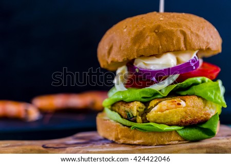 Shrimp burger with fresh vegetables
