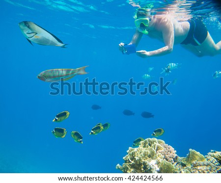 People engage in snorkeling in the Red Sea and photographed underwater