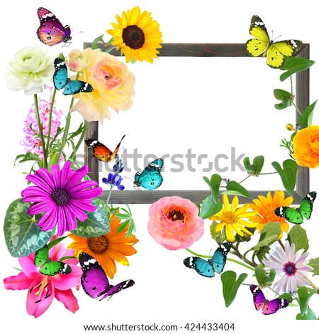 Colorful beautiful flowers and butterflies with blank wooden frame (for photo, picture or text). Nature and art abstract. With copy space is available. Isolated on white