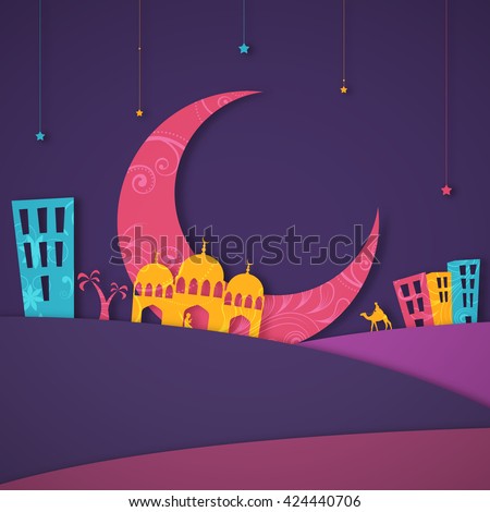 Colourful paper design of Islamic Elements and Desert for Muslim Community Festival Celebration. Royalty-Free Stock Photo #424440706