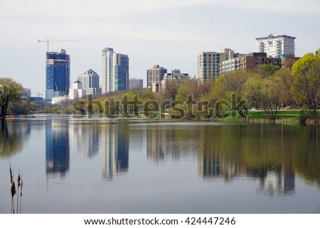 A picture of Milwaukee skyline with reflections