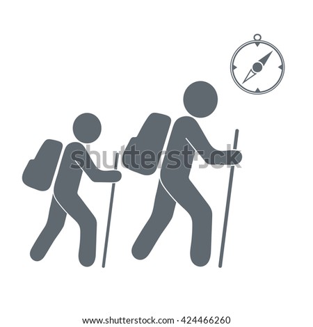 Hiking tourists with compass icon. Vector illustration