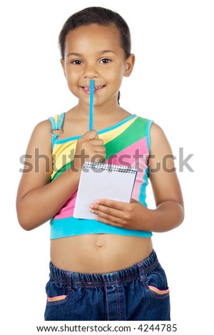 adorable girl writing a over white background