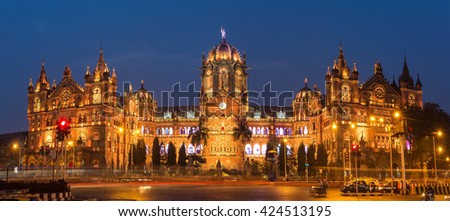 Chatrapati Shivaji Terminus earlier known as Victoria Terminus in Mumbai, India. Ninght panorama  Royalty-Free Stock Photo #424513195
